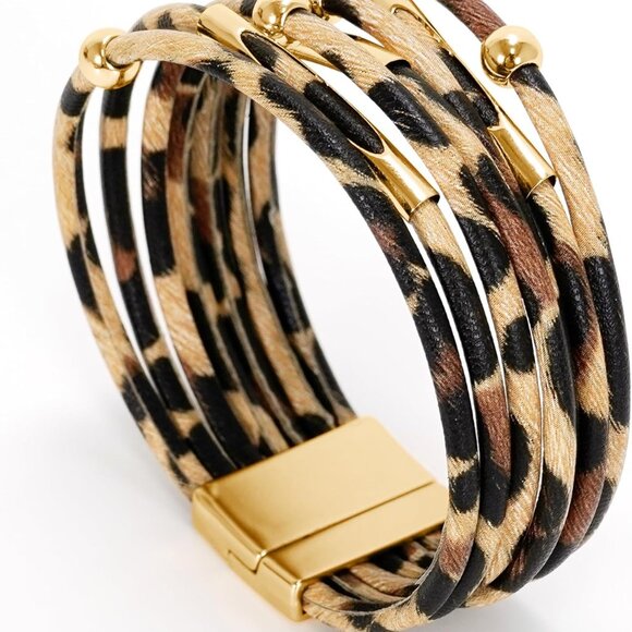 Leopard Bracelet for Women, Boho Leather Wrap Multi-Layer Pearl Crystal Bracelet - Picture 4 of 6